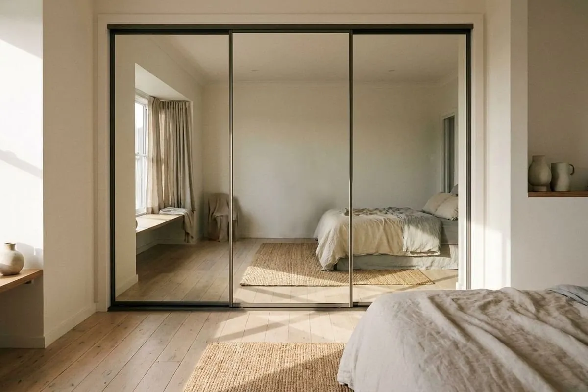 After: a mirrored sliding wardrobe with a slim dark frame in the same room