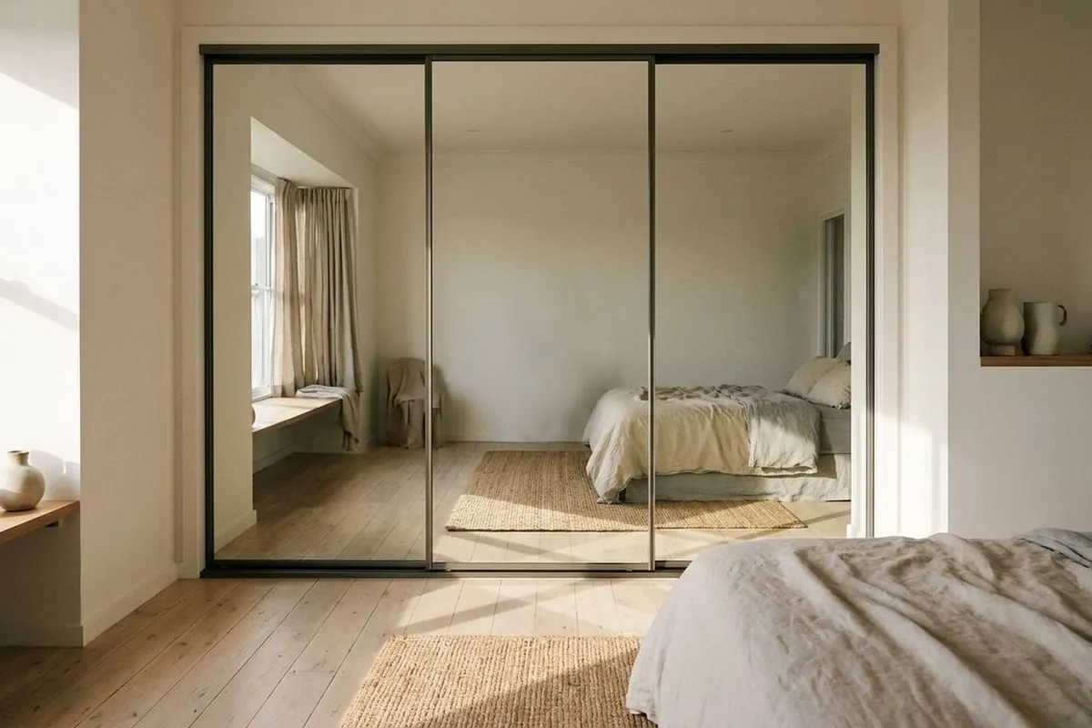 Mirrored sliding wardrobe doors in a slim dark frame