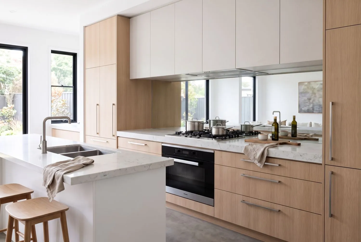 Kitchen with a mirrored splashback behind the cooktop