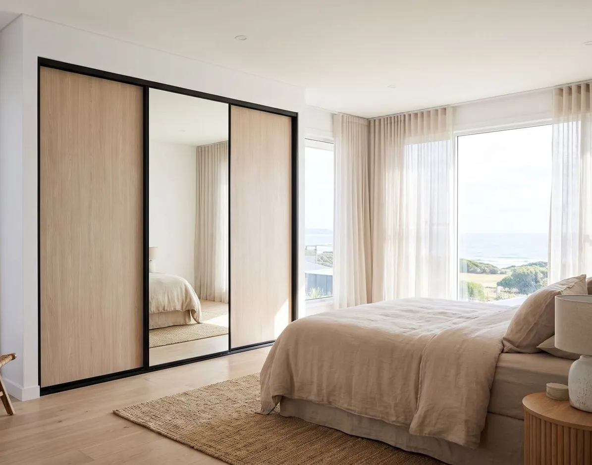 Built-in wardrobe with oak and mirrored sliding doors in a bedroom with a sea view