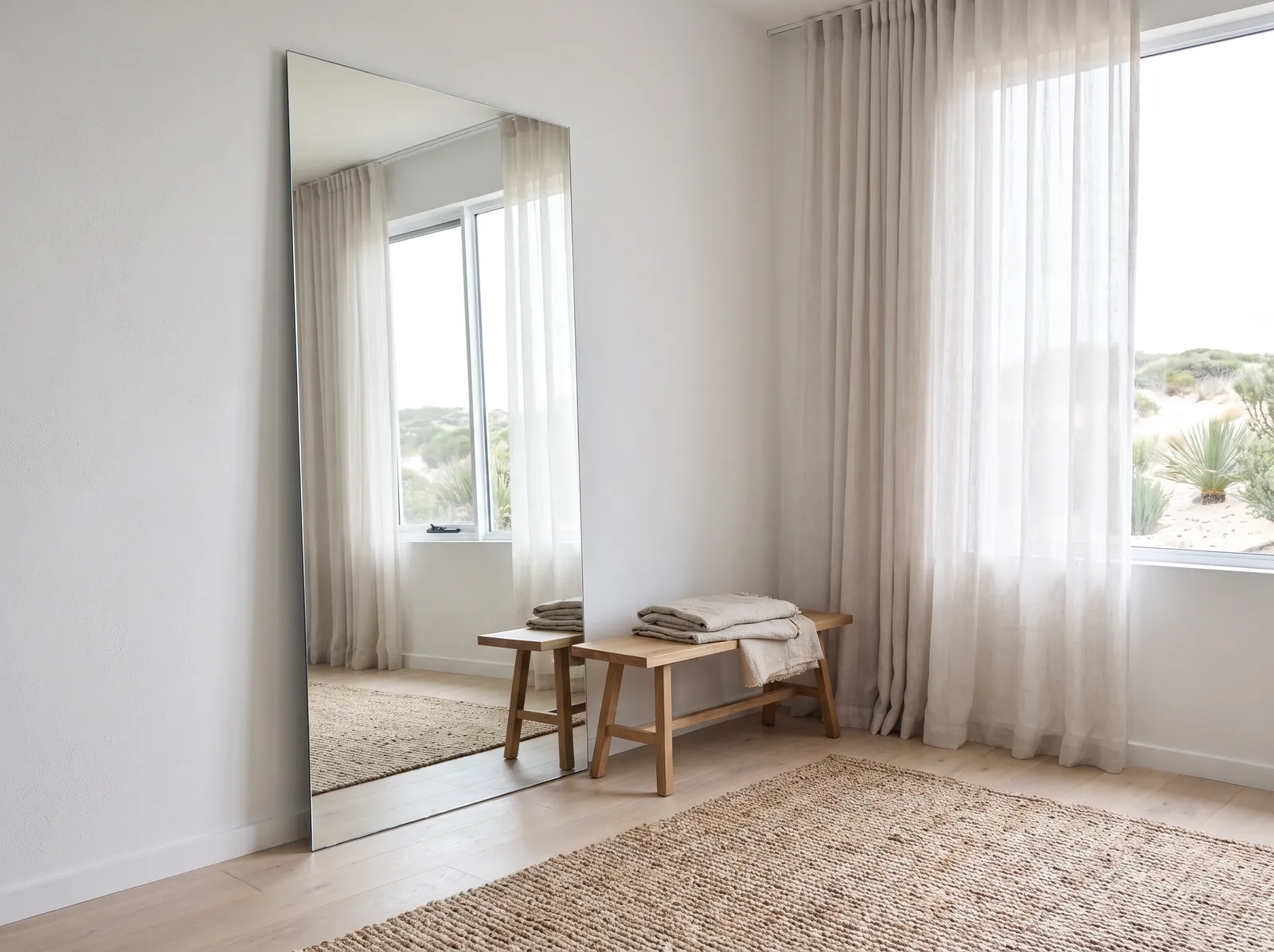 Tall frameless mirror in a bedroom beside a timber bench